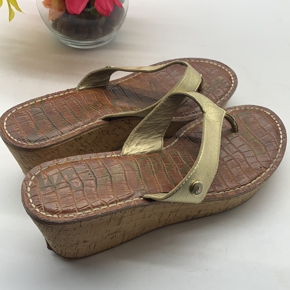 Sam Edelman Gold Cork Wedge Sandal Sz 8.5. MCW0654D - Picture 4 of 10